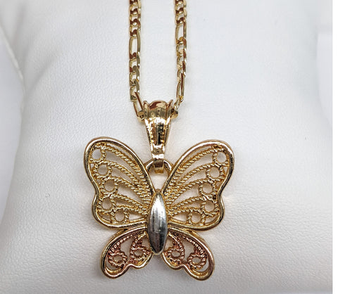 Plated Tri-Gold Butterfly Pendant and Figaro Chain Set